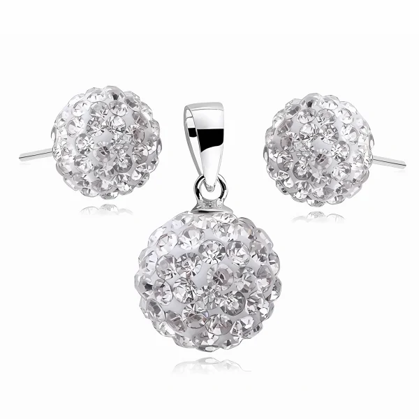 Elegancki srebrny komplet białe kuleczki Crystal beads 8mm 12mm shamballa 925