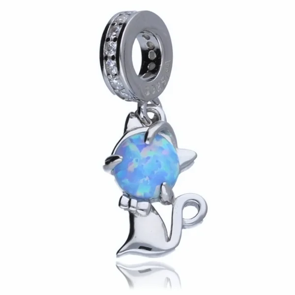 Rodowany srebrny charms beads wiszący kotek kot cat mruczek opal cyrkonie srebro 925
