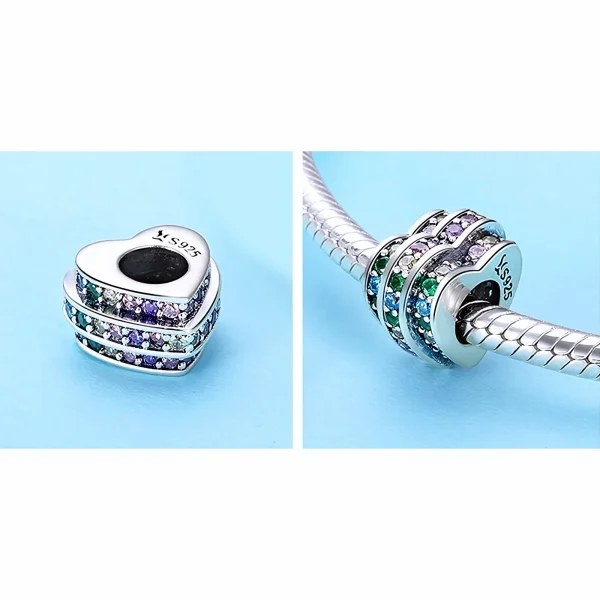 Rodowany srebrny charms beads serce heart kolorowe cyrkonie srebro 925