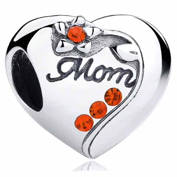 Rodowany srebrny charms beads serce heart mama mother mum cyrkonie srebro 925
