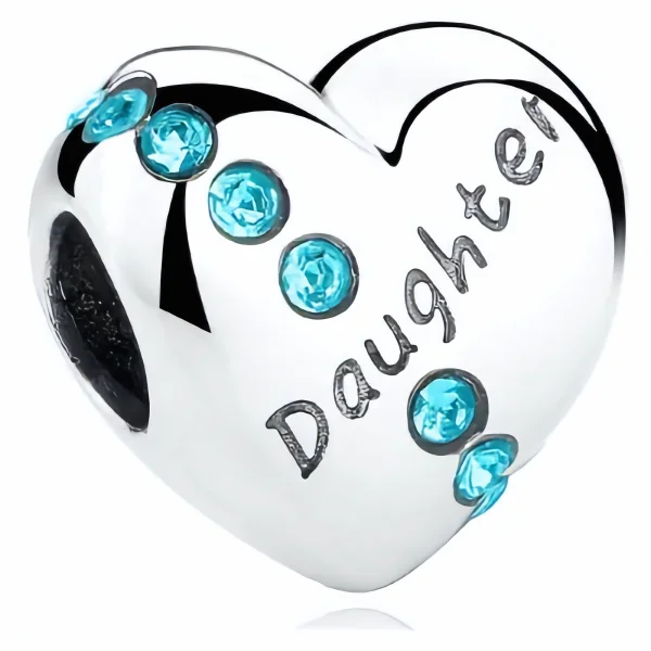 Rodowany srebrny charms beads serce heart córka daughter cyrkonie srebro 925