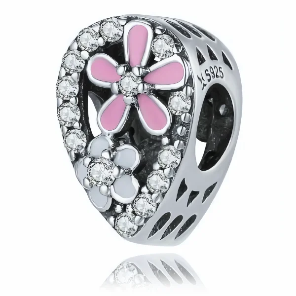Rodowany srebrny charms beads łezka kropla kwiaty flowers cyrkonie srebro 925