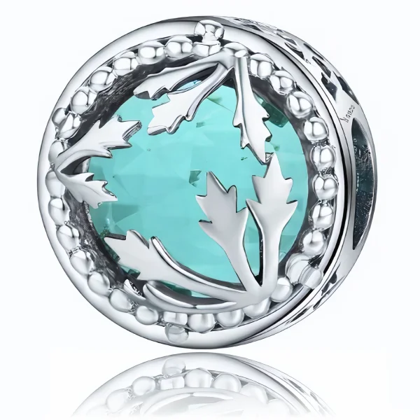 Rodowany srebrny charms beads listki liście kółko circle błękitne cyrkonie srebro 925
