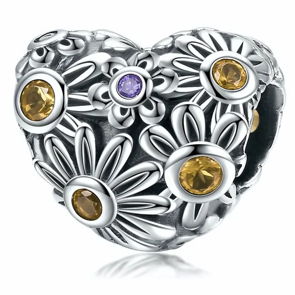 Rodowany srebrny charms beads serce heart kwiatki flowers cyrkonie srebro 925