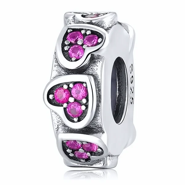 Rodowany srebrny charms beads kółko circle ring rubinowe cyrkonie srebro 925