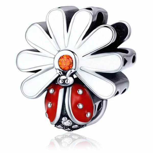 Rodowany srebrny charms beads kwiatek flower biedronka ladybug cyrkonia srebro 925