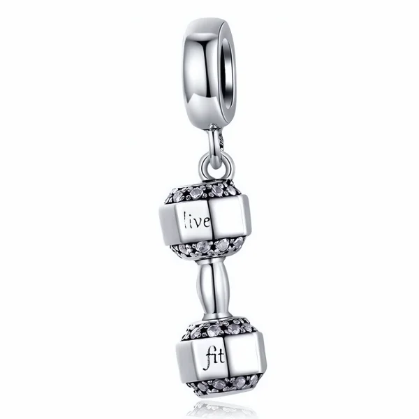 Rodowany srebrny wiszący charms beads hantel ciężarek live fit cyrkonie srebro 925