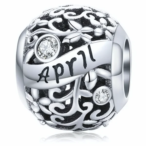 Rodowany srebrny charms beads miesiąc kwiecień month april cyrkonie srebro 925