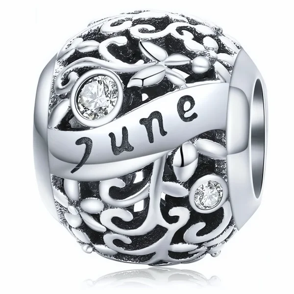 Rodowany srebrny charms beads miesiąc czerwiec month june cyrkonie srebro 925