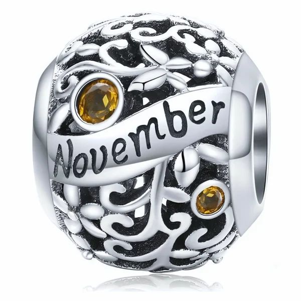 Rodowany srebrny charms beads miesiąc listopad month november cyrkonie srebro 925