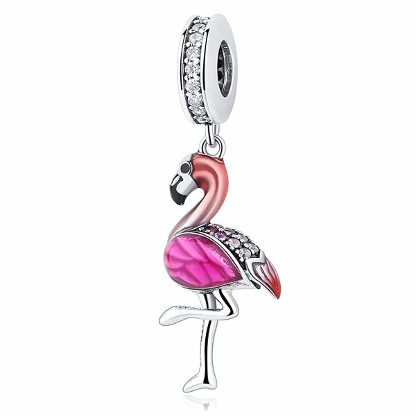 Rodowany srebrny wiszący charms beads flaming ptak bird cyrkonie srebro 925