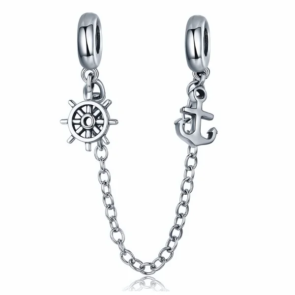 Rodowany srebrny podwójny wiszący charms beads ster okrętu kotwica srebro 925
