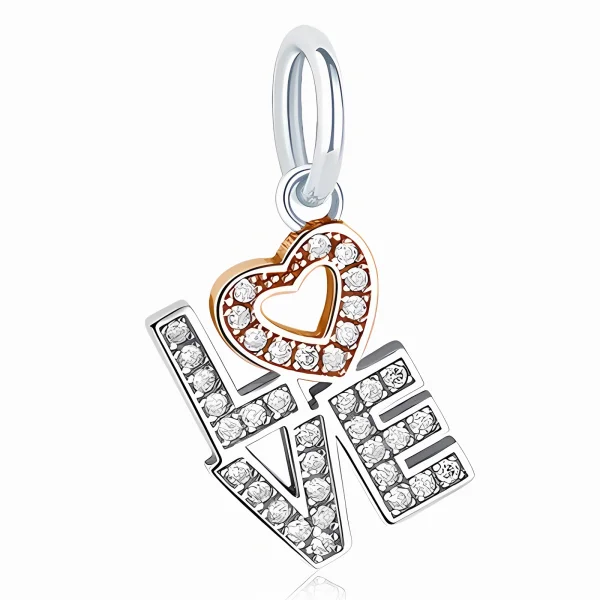 Rodowany srebrny wiszący charms beads love miłość serce heart cyrkonie srebro 925