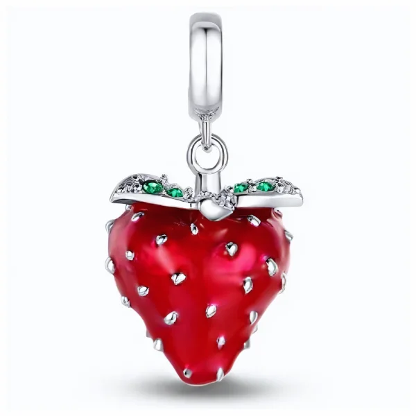 Rodowany srebrny wiszący charms beads truskawka poziomka strawberry cyrkonie srebro 925