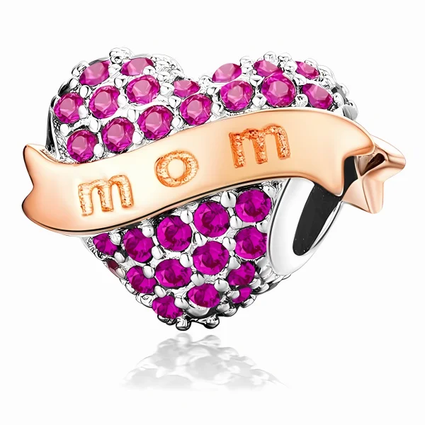 Rodowany srebrny charms beads serce heart mama mother mom cyrkonie srebro 925