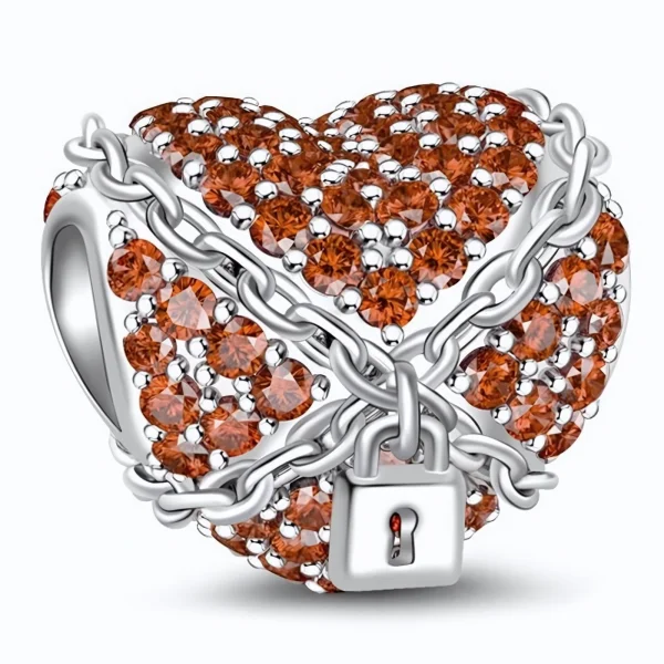 Rodowany srebrny charms beads skute łańcuchami serce cyrkonie srebro 925