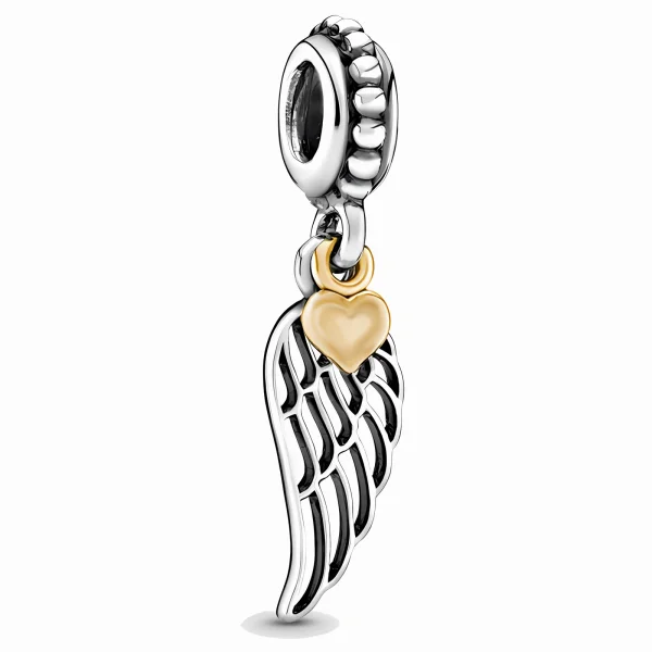Rodowany srebrny wiszący charms beads skrzydło anioła serce serduszko srebro 925