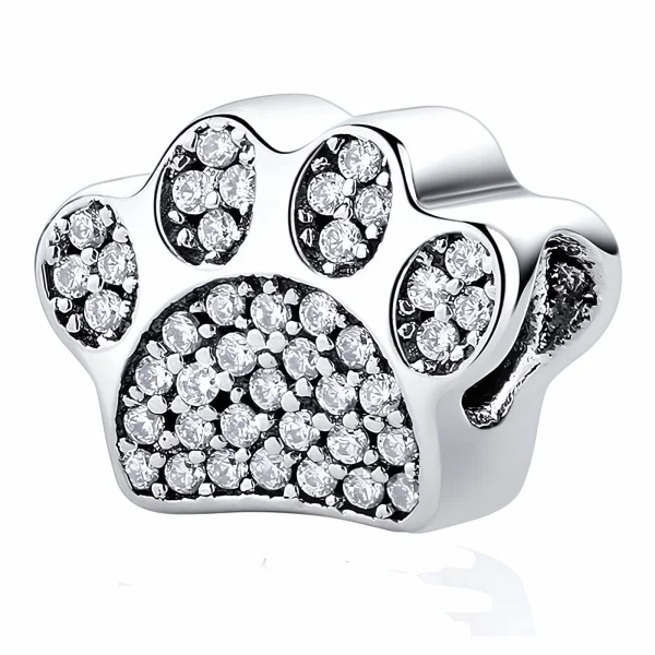 Rodowany srebrny charms beads psia kocia łapka cyrkonie srebro 925