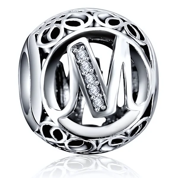 Rodowany srebrny charms beads litera literka M srebro 925