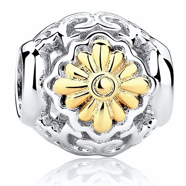 Rodowany srebrny charms beads pozłacany kwiat flower srebro 925