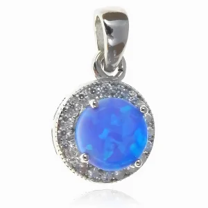 Elegancki rodowany srebrny wisior niebieski opal białe cyrkonie srebro 925