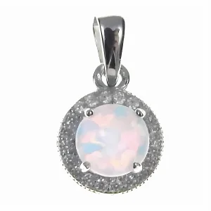 Elegancki rodowany srebrny wisior jasny opal białe cyrkonie srebro 925