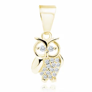 Delikatny pozłacany srebrny wisiorek sowa sówka owl lucky białe cyrkonie srebro 925