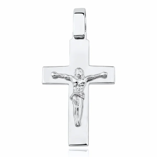 Elegancki duży rodowany srebrny gładki krzyżyk krzyż z wizerunkiem Chrystusa srebro 925