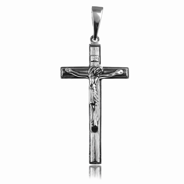 Elegancki oksydowany srebrny wisior duży krzyż na gruby łańcuch z wizerunkiem Chrystusa srebro 925