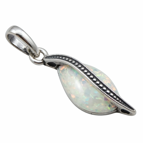 Elegancki oksydowany srebrny podłużny wisiorek łezka kropla biały opal srebro 925