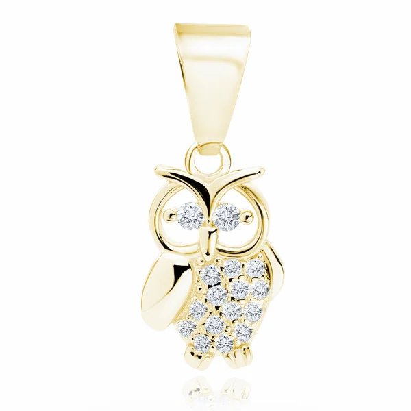 Delikatny pozłacany srebrny wisiorek sowa sówka owl lucky białe cyrkonie srebro 925