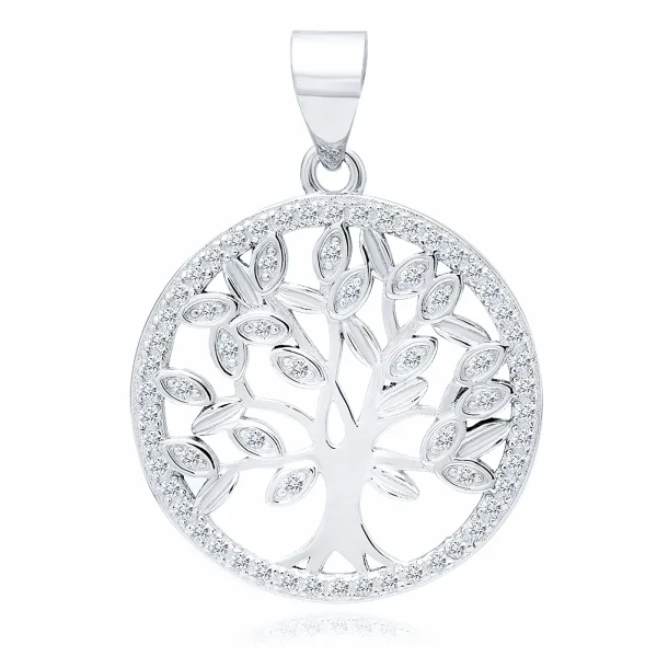 Elegancki rodowany srebrny wisiorek drzewo życia tree of life białe cyrkonie srebro 925