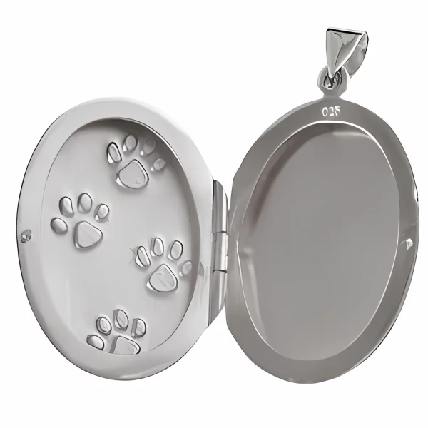 Otwierany srebrny owalny wisior sekretnik puzderko psie kocie łapki pupila srebro 925