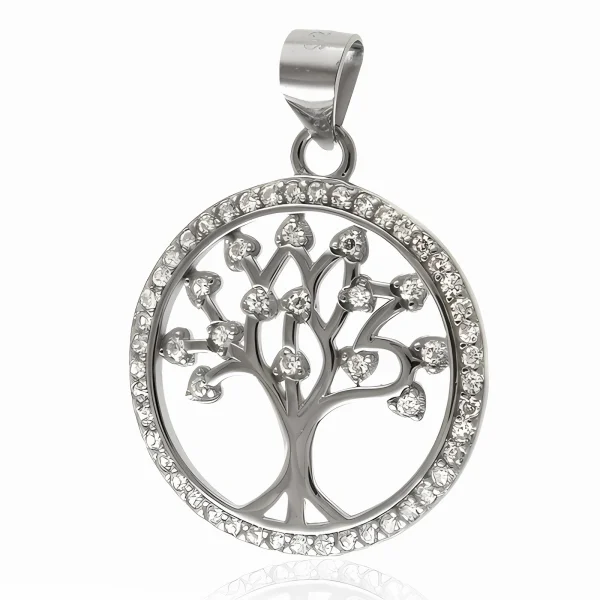 Elegancki rodowany srebrny wisiorek drzewo życia tree of life białe cyrkonie srebro 925
