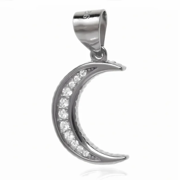 Elegancki rodowany srebrny wisiorek księżyc rogalik moon białe cyrkonie srebro 925