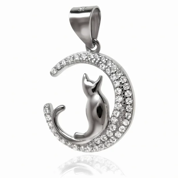 Elegancki rodowany srebrny wisiorek księżyc moon kot cat białe cyrkonie srebro 925