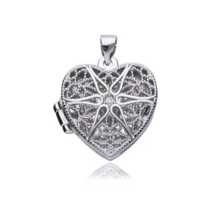 Elegancka rodowana srebrna otwierana zawieszka puzderko serce serduszko ażurowy wzór cyrkonia srebro 925