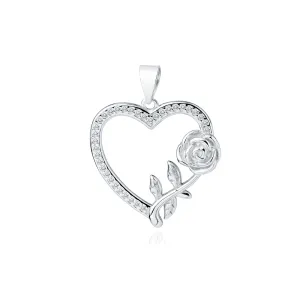 Rodowany srebrny wisiorek serce serduszko kwiat róży białe cyrkonie srebro 925