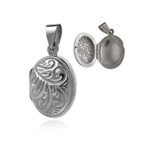 Elegancki owalny otwierany srebrny wisior sekretnik z grawerowanym wyciskanym wzorem srebro 925