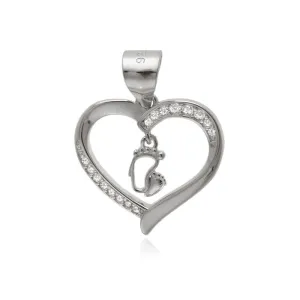 Rodowany srebrny wisiorek serce serduszko stópki dziecka białe cyrkonie srebro 925