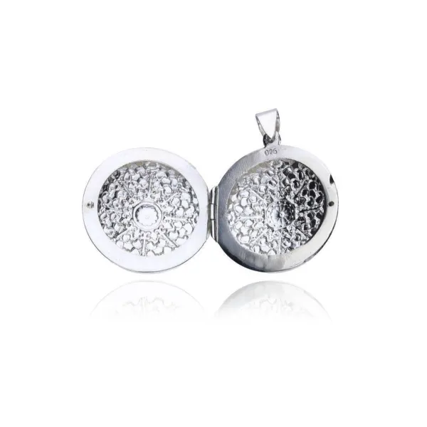 Elegancki srebrny otwierany duży okrągły wisiorek puzderko wypukły wzorek wzór srebro 925