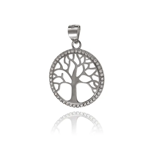 Elegancki rodowany srebrny wisiorek drzewo życia tree of life białe cyrkonie srebro 925