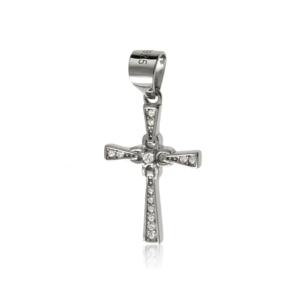Elegancki rodowany srebrny wisiorek krzyżyk krzyż białe cyrkonie srebro 925
