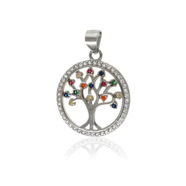 Elegancki rodowany srebrny wisiorek drzewo życia tree of life kolorowe cyrkonie srebro 925